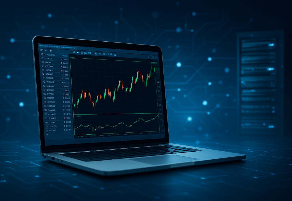 A laptop displaying a trading platform interface with financial graphs and charts against a tech-themed background.