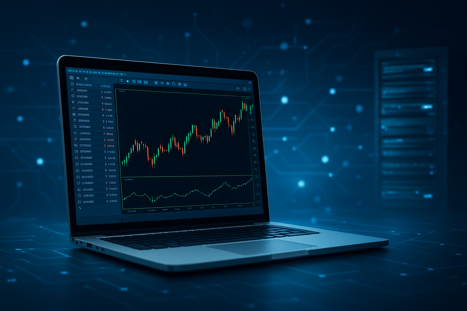 A laptop displaying a trading platform interface with financial graphs and charts against a tech-themed background.