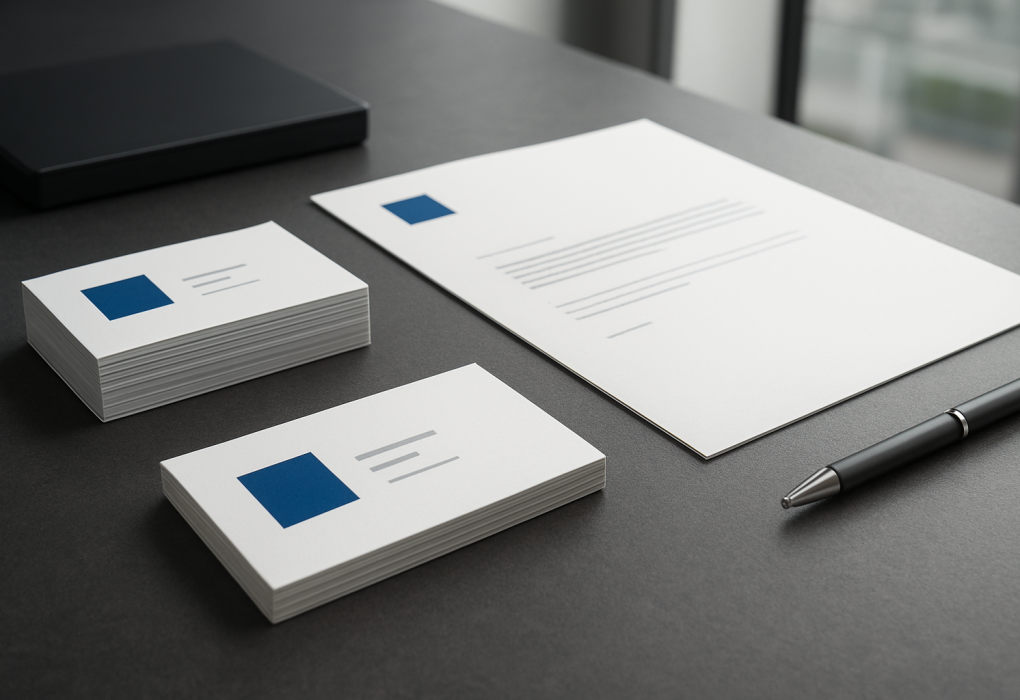 A set of branded business cards and a letterhead on a dark surface, illustrating brand identity materials.